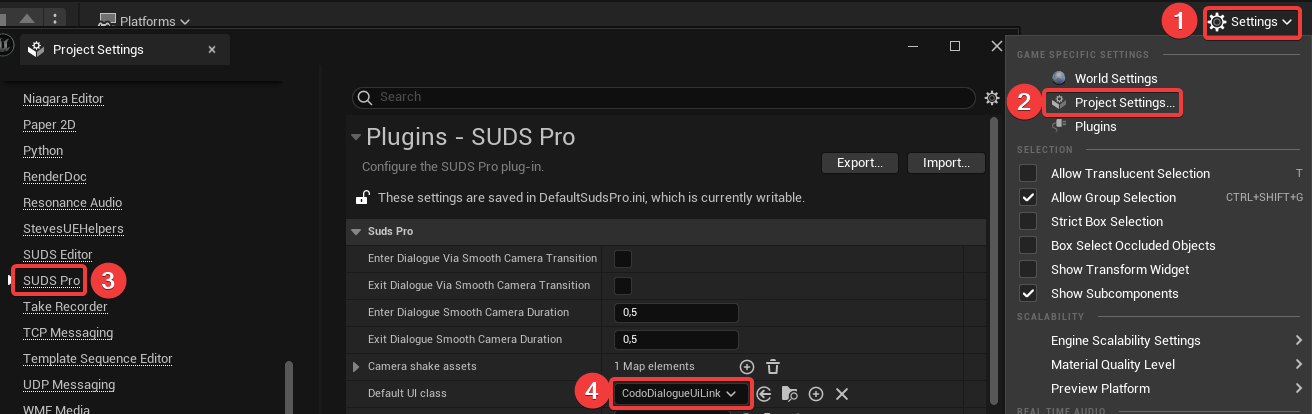 SUDS Pro UI widget link project settings entry